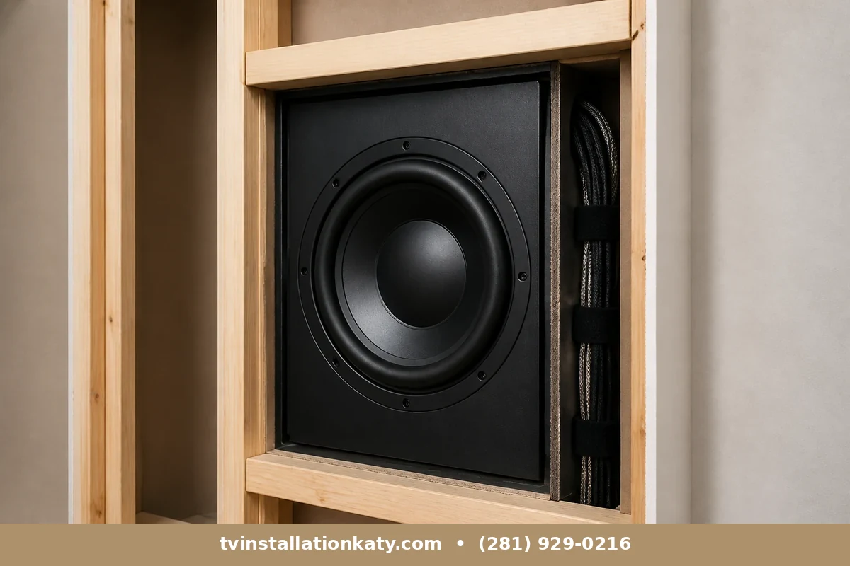 In wall subwoofer installation Katy grille in a family room